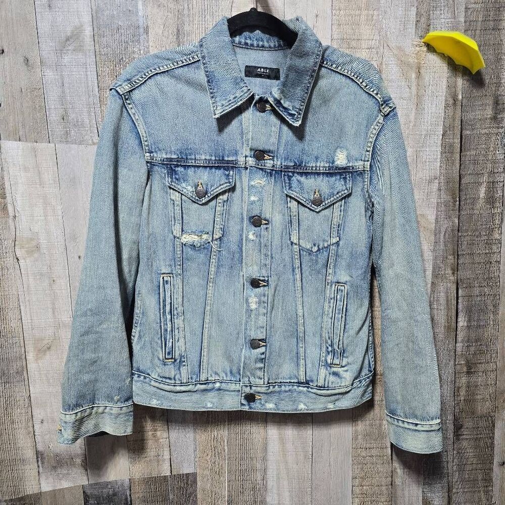 ABLE The Merly Distressed Denim Jean Jacket Medium Designer Luxury Contemporary